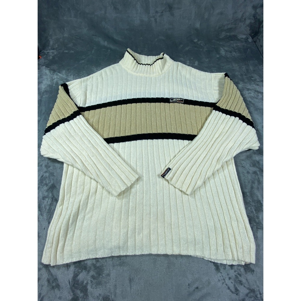 Vintage Southpole Striped Sweater Mens XXL Turtleneck Cream/White Logo Skate Y2K